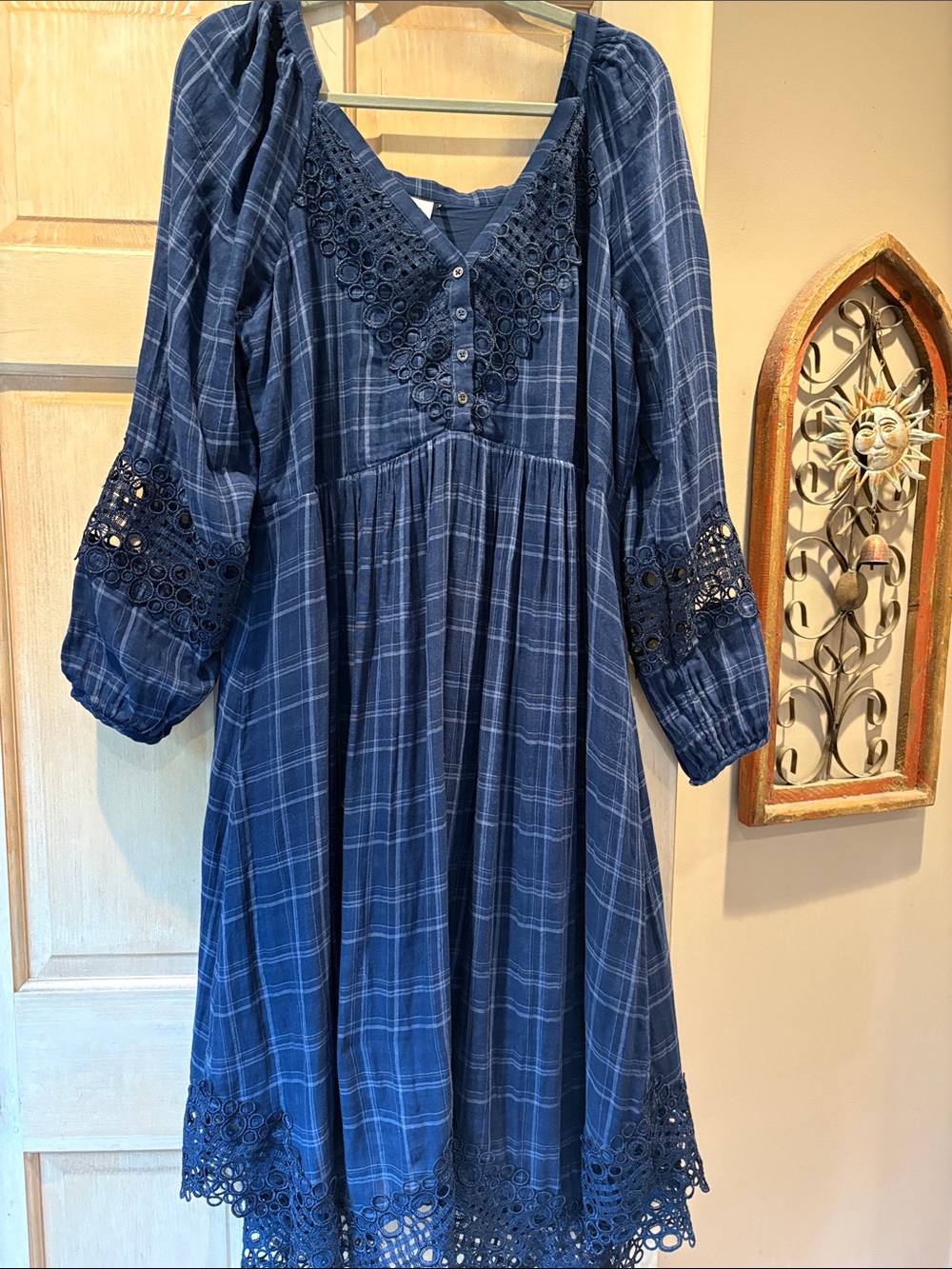 Anthropologie Akemi + Kim Navy Blue Plaid Crochet-Trim Dress Size 16